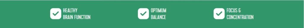 Icons highlighting key supplement features including brain function, balance and focus