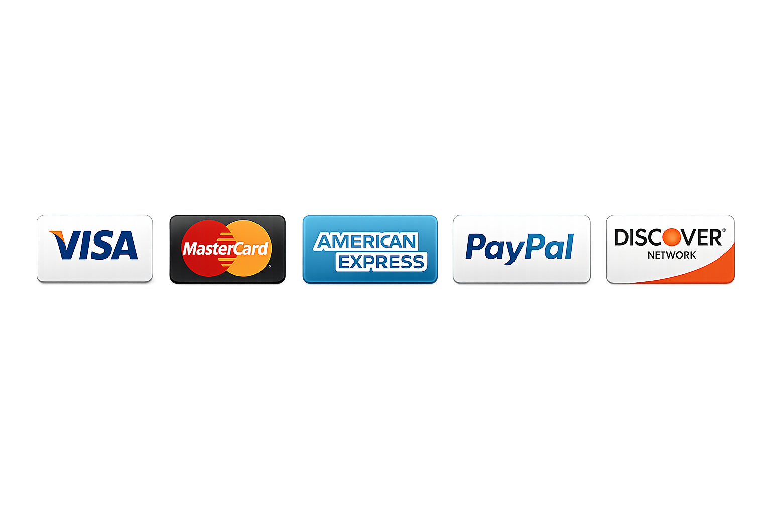 Accepted payment methods including Visa, PayPal, Mastercard, Discover and American Express
