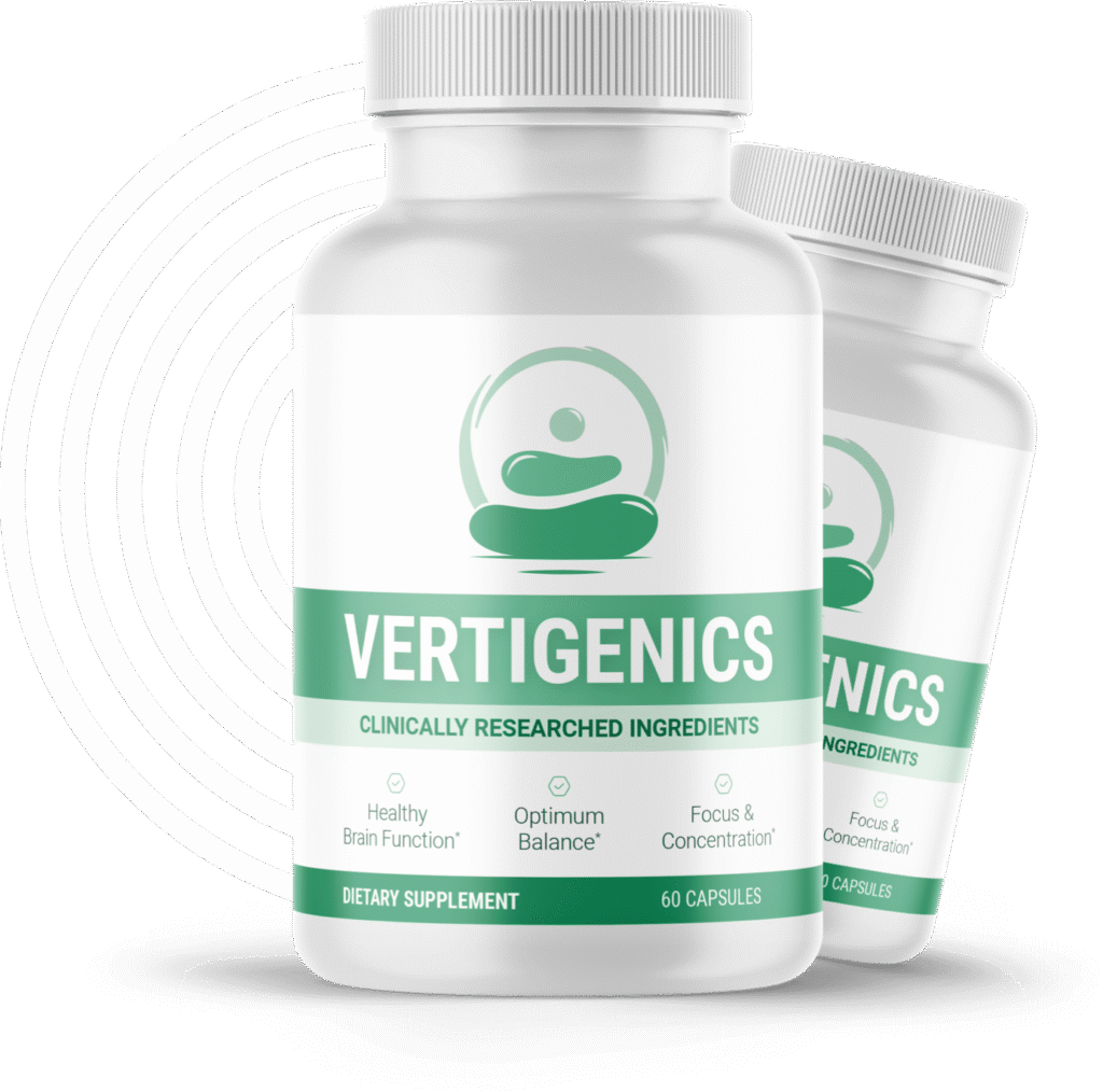 Vertigenics dietary supplement bottles displayed in dual bottle format with product packaging