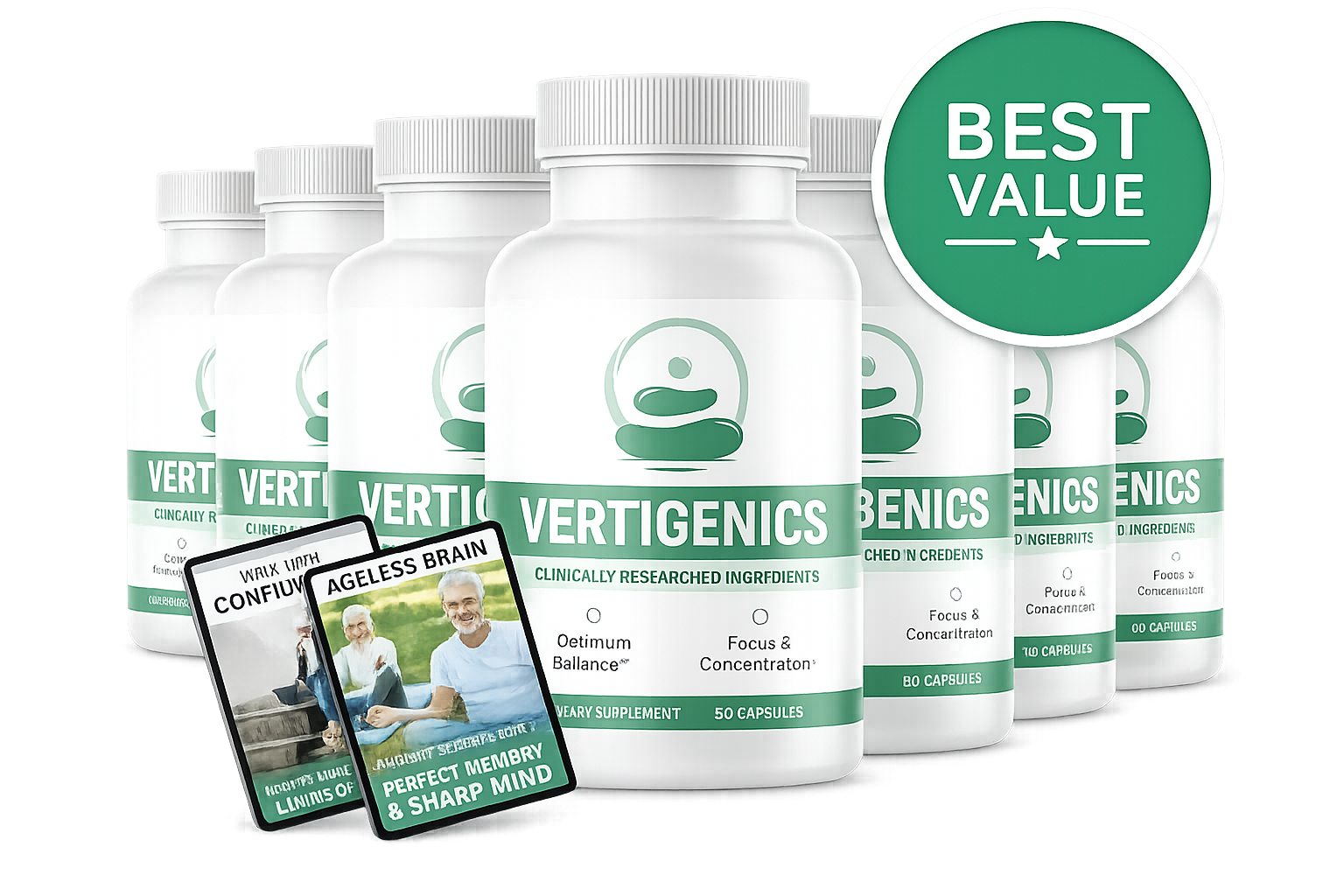 Vertigenics dietary supplement six bottle bundle shown with included digital bonus guides