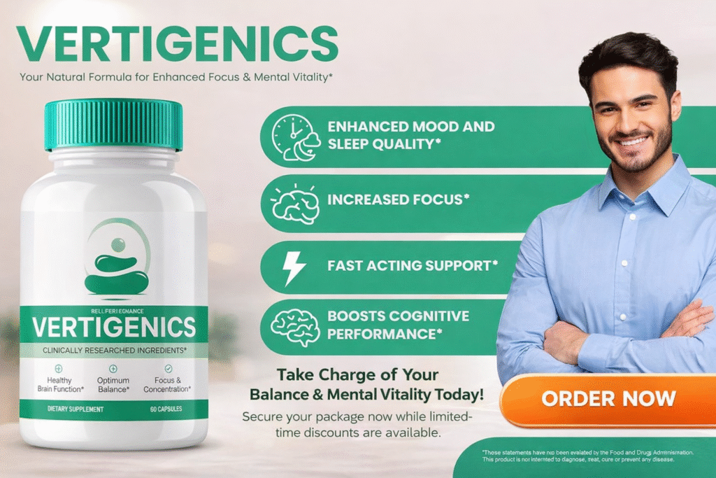 Vertigenics dietary supplement bottle shown with lifestyle imagery and feature highlights