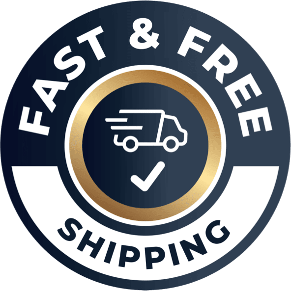 Fast and free shipping badge with delivery truck icon in gold and black design