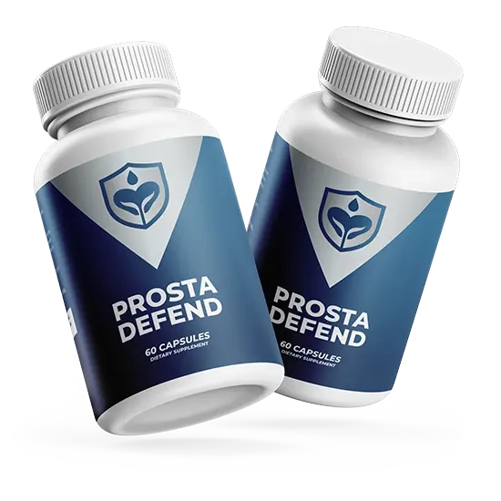 Two Prosta Defend supplement bottles floating on white background with premium prostate support formula design.