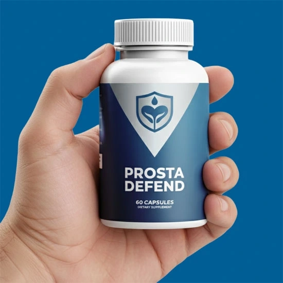 Hand holding Prosta Defend prostate support supplement bottle against blue background.