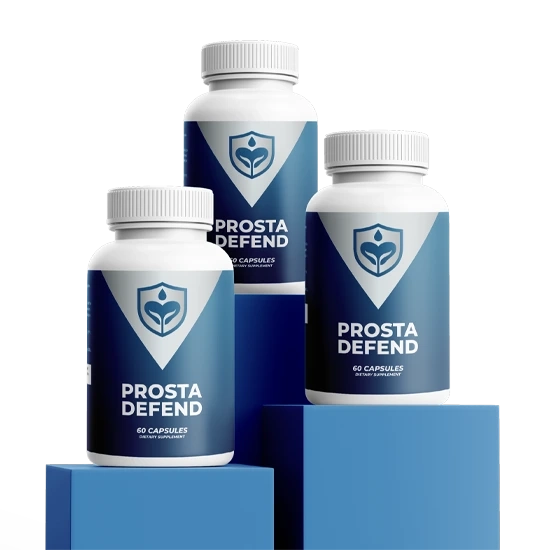 Three Prosta Defend supplement bottles displayed on blue podium blocks with clean background.