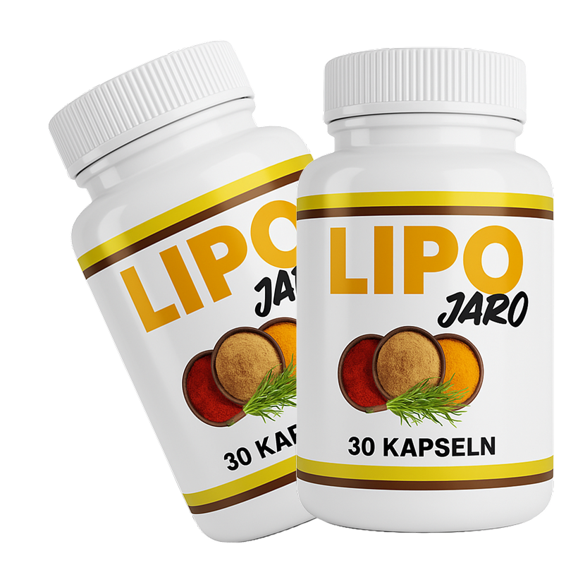 LipoJaro 2-Flaschen-Paket mit je 30 Kapseln – natürliches Nahrungsergänzungsmittel mit Gewürzextrakten, weißem Flaschenetikett auf transparentem Hintergrund