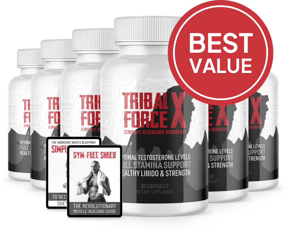 Tribal Force X testosterone supplement 6-bottle best value bundle with 2 free digital bonuses – 180 capsules for stamina libido and strength