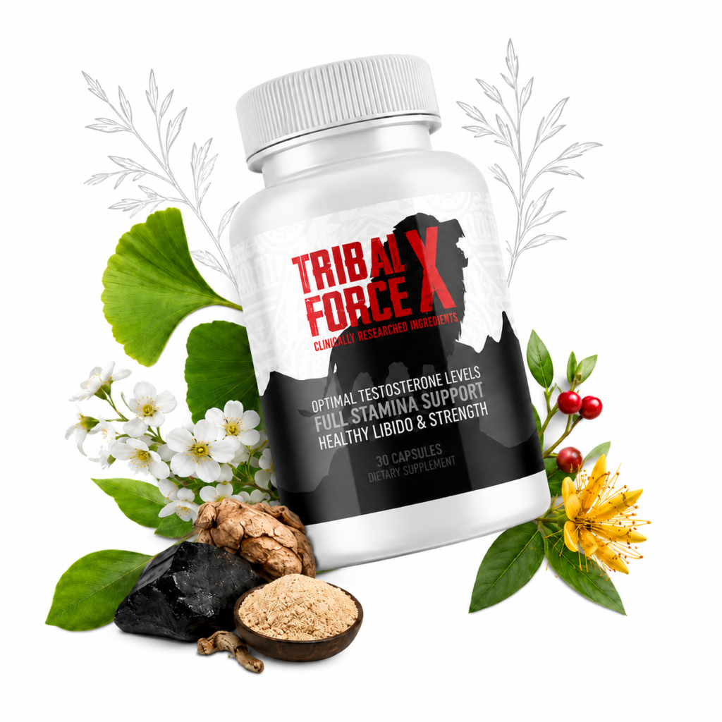 Tribal Force X natural ingredients supplement bottle with ginkgo biloba shilajit maca root and botanical herbs for testosterone and stamina support