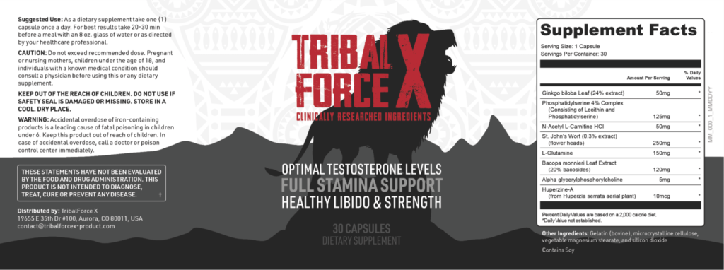 Tribal Force X supplement facts label showing full ingredient list – ginkgo biloba phosphatidylserine N-acetyl L-carnitine St Johns wort bacopa monnieri and huperzine-A